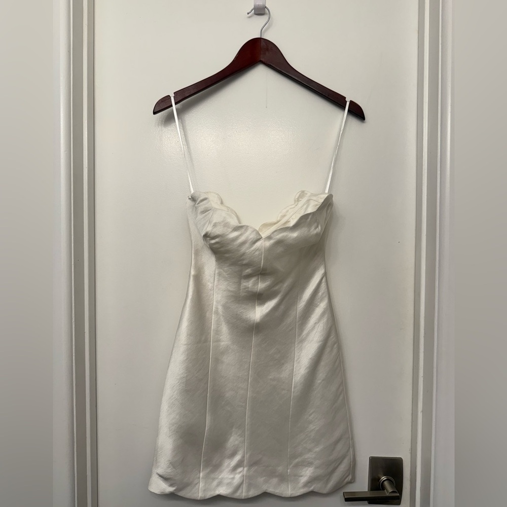 White Satin Mini Slip Dress with Scallop Neckline
